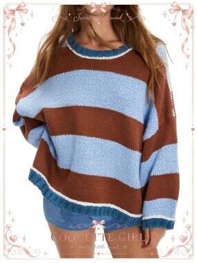 Oversized Color Block Striped Long Sleeve Pullover Sweater Knitted Top